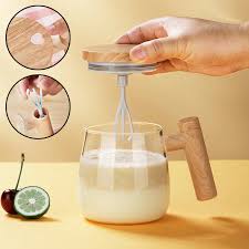 Electric Self-Stirring Mug – 400ml Glass Cup with Wooden-Style Lid & Handle