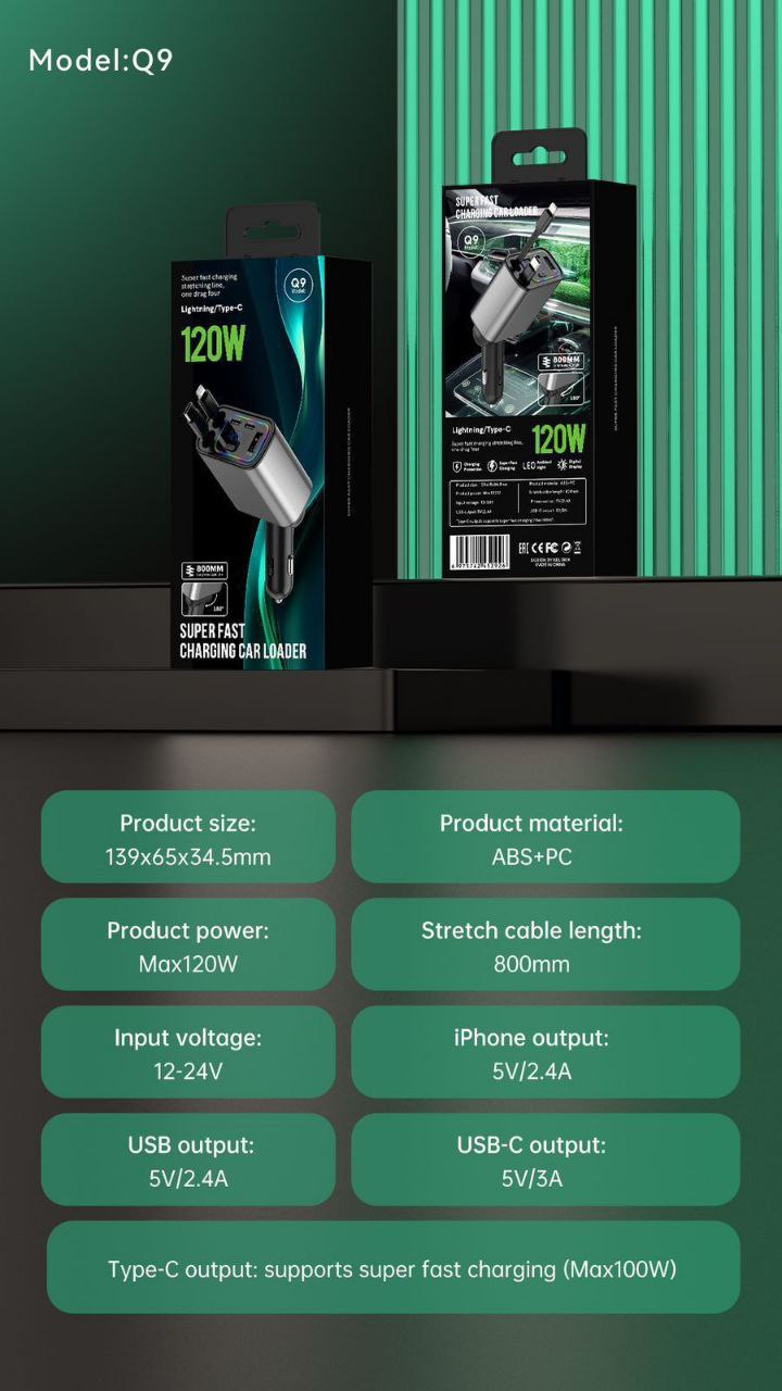 120V Car Retractable Charger | Fast Charging Car Power Cable | Auto-Retract Car Charger for Mobile Devices